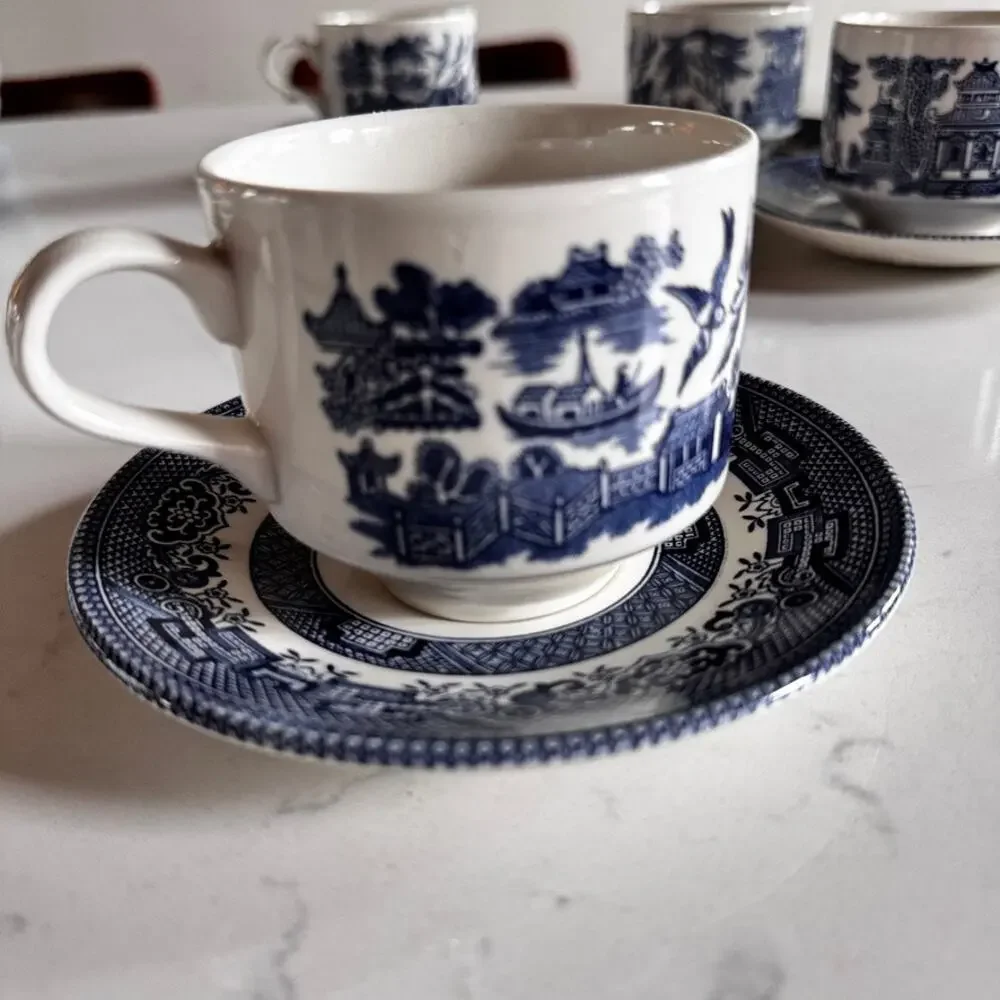 Vintage Churchill Blue Willow Tea Cups Saucers Set of 4 Georgian Shape Flat Eng